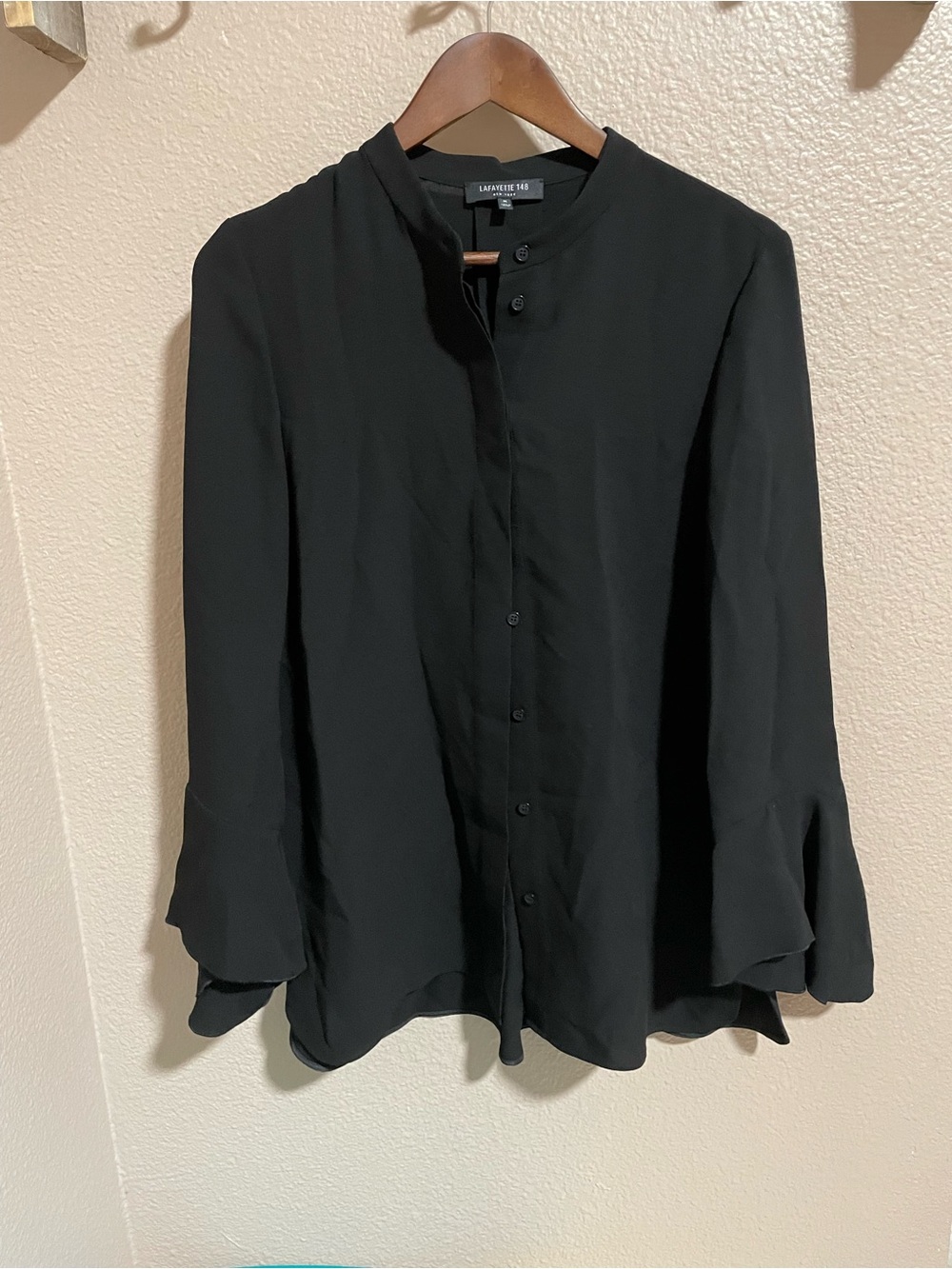 Lafayette 148 New York Black Mandarin Collar Silk Button-Up Blouse